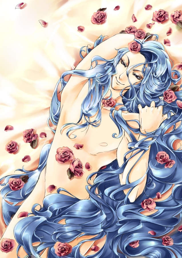 10s, 1boy, armpits, bad_id, bad_pixiv_id, censored, cobraja, completely_nude, convenient_censoring, convenient_hair, flower, heartcatch_precure!, long_hair, male_focus, nude, pectorals, petals, pink_petals, plant, precure, rose, shibu, smile, solo, very_long_hair