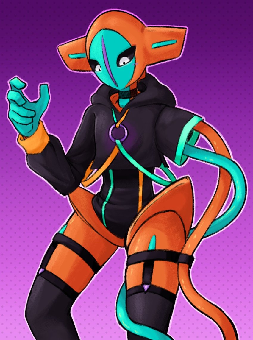 1other, alien, aqua_skin, blush, bodysuit, clothed_pokemon, colored_skin, cropped_hoodie, deoxys, deoxys_(normal), dotted_background, garter_straps, gen_3_pokemon, gradient_background, highres, hood, hoodie, looking_down, mythical_pokemon, nintendo, no_humans, orange_skin, pokemon, pokemon_(creature), purple_background, slys_(jesterdysphoria), tentacles, thighhighs