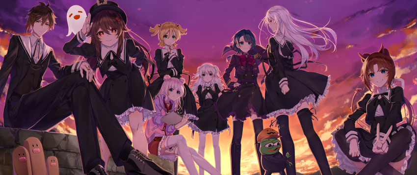 1boy, 6+girls, arm_behind_back, assault_lily, black_footwear, black_pants, black_ribbon, black_skirt
