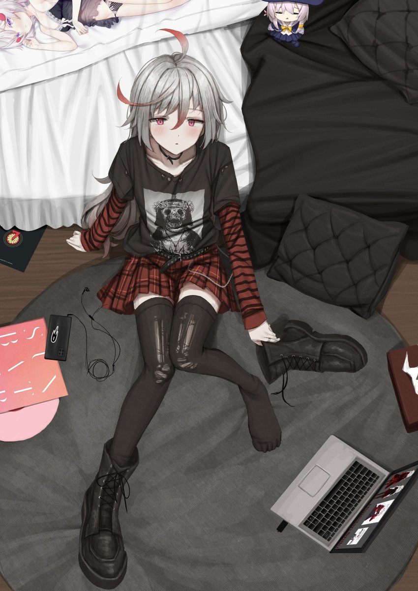 1girl, :o, absurdres, ahoge, bed, belt, black_footwear, black_shirt