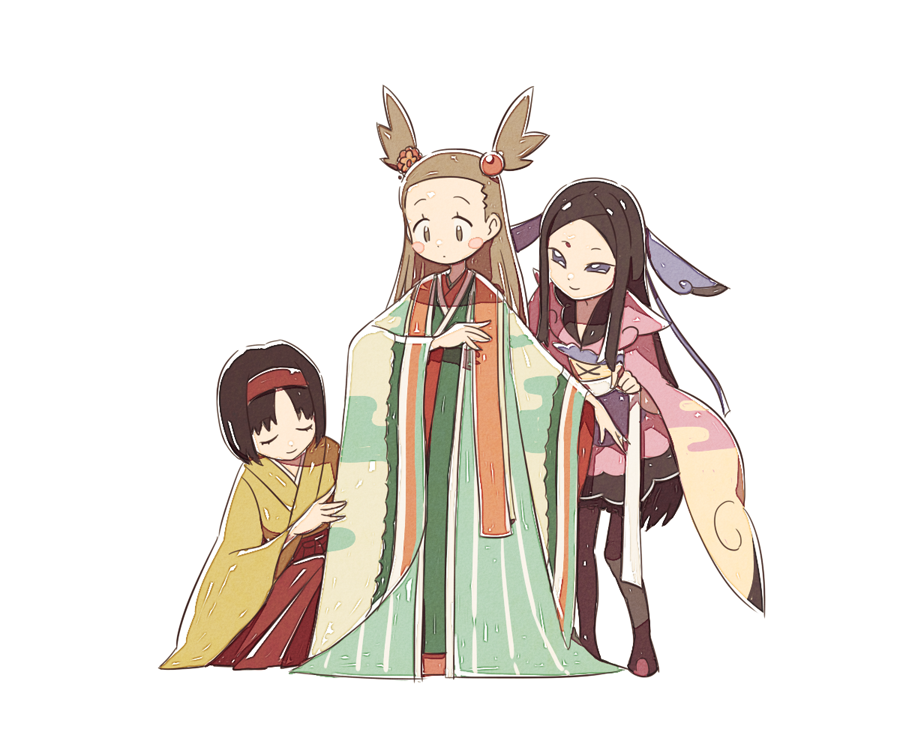 (pokemon), (special, 3girls, blush_stickers, brown_hair, closed_eyes, closed_mouth, commentary, erika_(pokemon), furisode, hair_bobbles, hair_ornament, hairband, hakama, hakama_skirt, hand_up, japanese_clothes, jasmine_(pokemon), jasmine_(special_costume)_(pokemon), kimono, long_hair, looking_down, multiple_girls, nintendo, pokemon, pokemon_firered_and_leafgreen, pokemon_masters_ex, pokemon_x_and_y, red_hairband, red_skirt, short_hair, skirt, smile, squatting, ssalbulre, standing, two_side_up, valerie_(pokemon), wide_sleeves, yellow_kimono