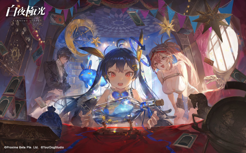 1boy, 2girls, alchemy_stars, antenna_hair, bandaged_arm, bandages, bare_shoulders, belt