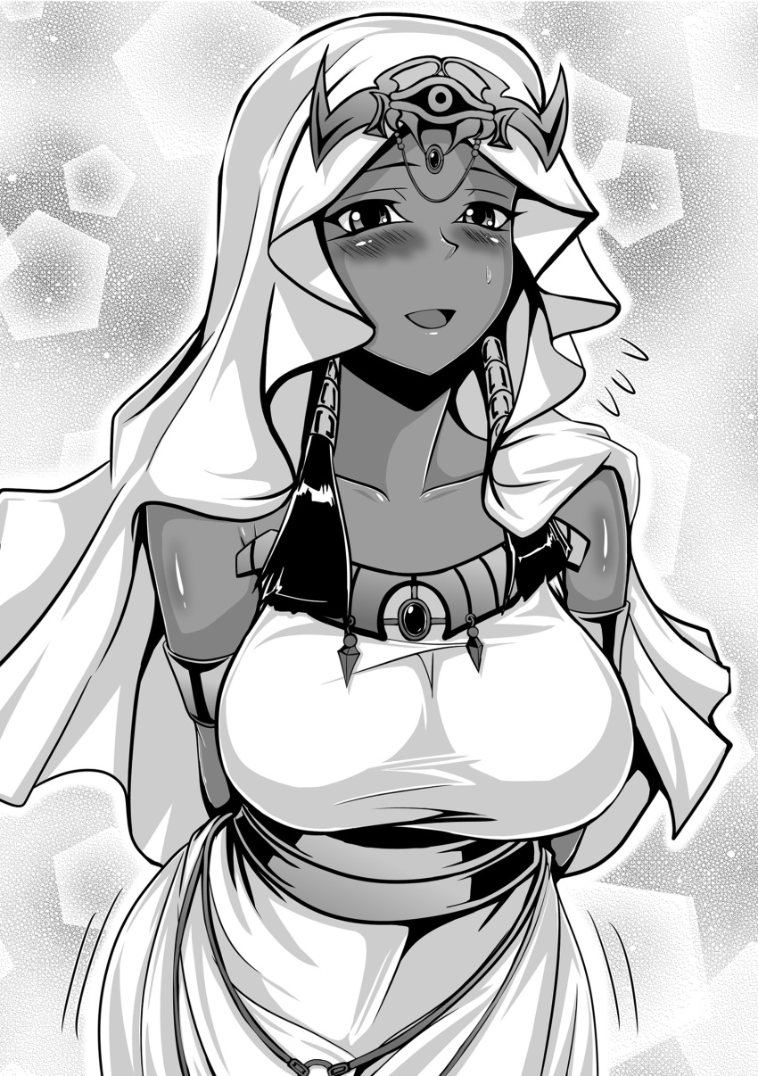 1girl, :d, absurdres, ancient_egyptian, arms_behind_back, black_hair, blush, breasts, circlet, collarbone, commentary, dark-skinned_female, dark_skin, flying_sweatdrops, forehead, greyscale, highres, ishizu_ishtar, large_breasts, low_twintails, monochrome, open_mouth, robe, sangyou_haikibutsu_a, smile, solo, sparkle, taut_clothes, twintails, upper_body, white_hood, white_robe, yu-gi-oh!