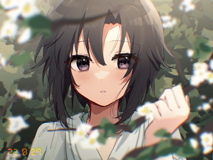 1girl, absurdres, birthday, black_eyes, black_hair, blurry, blurry_foreground, blush