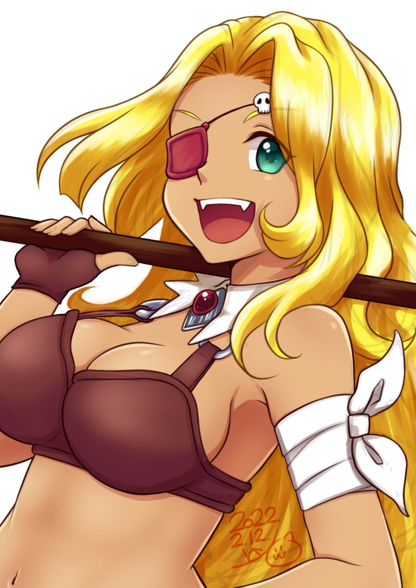 1girl, blonde_hair, breasts, cleavage, dark-skinned_female, dark_skin, dated, eyepatch