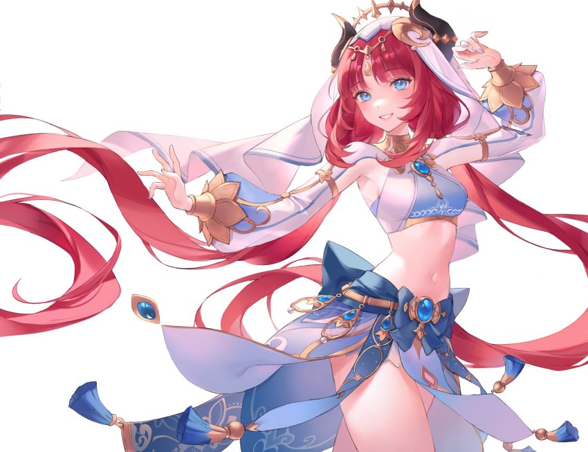 1girl, absurdres, arm_up, armpits, blue_eyes, blush, cowboy_shot, crop_top, dancer, floating_hair, genshin_impact, grin, harem_outfit, highres, horns, long_hair, long_sleeves, looking_at_viewer, low_twintails, midriff, miji_black, nilou_(genshin_impact), puffy_long_sleeves, puffy_sleeves, red_hair, simple_background, skirt, smile, solo, thighs, twintails, vambraces, veil, vision_(genshin_impact), white_background