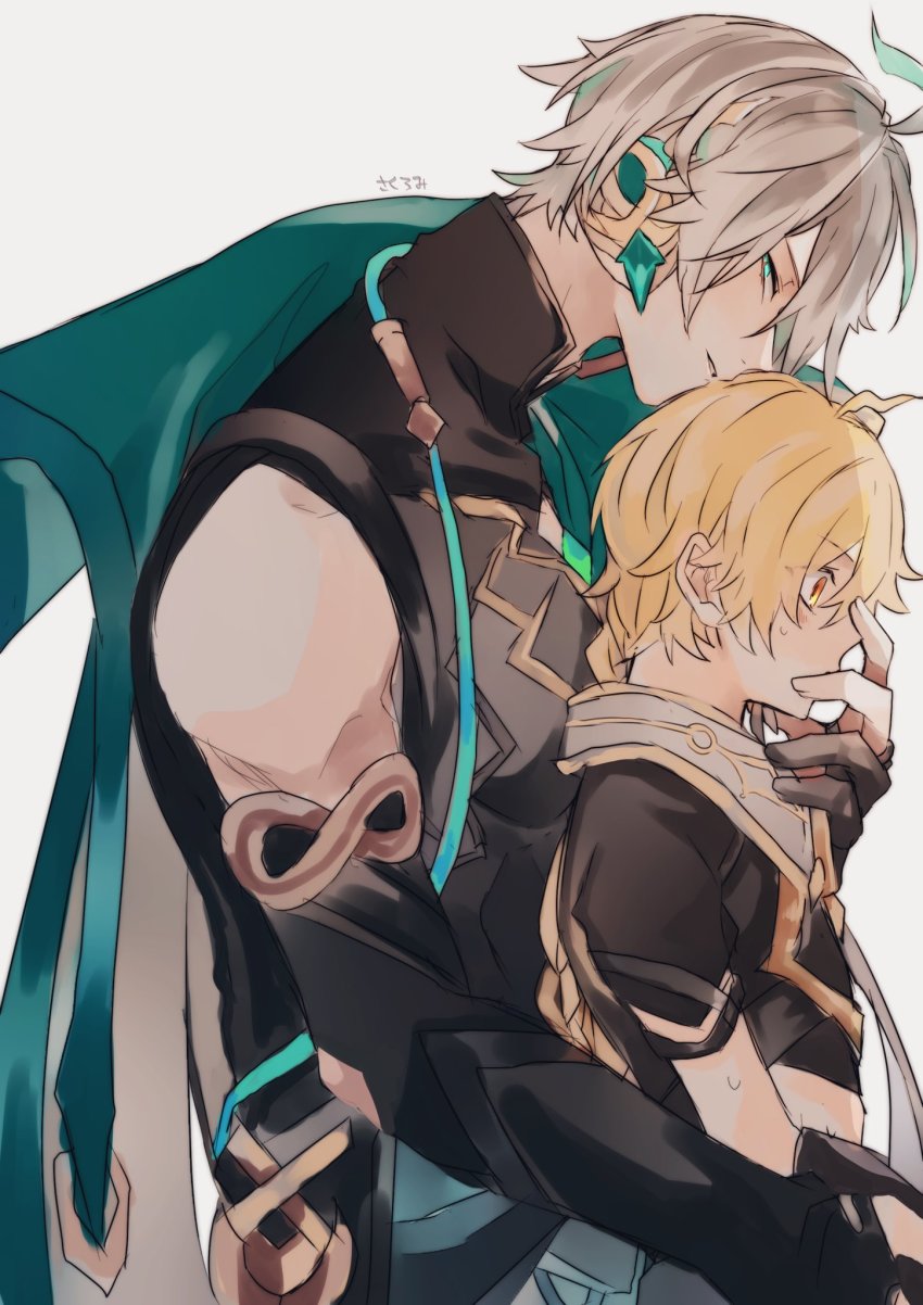 2boys, aether_(genshin_impact), alhaitham_(genshin_impact), aqua_eyes, aqua_hair, black_gloves, blonde_hair, braid, cape, detached_sleeves, from_side, genshin_impact, gloves, grey_background, grey_hair, hair_between_eyes, height_difference, highres, large_hands, long_hair, male_focus, multicolored_hair, multiple_boys, orange_eyes, orrrromi, parted_lips, profile, signature, simple_background, single_braid, size_difference, sweat, yaoi