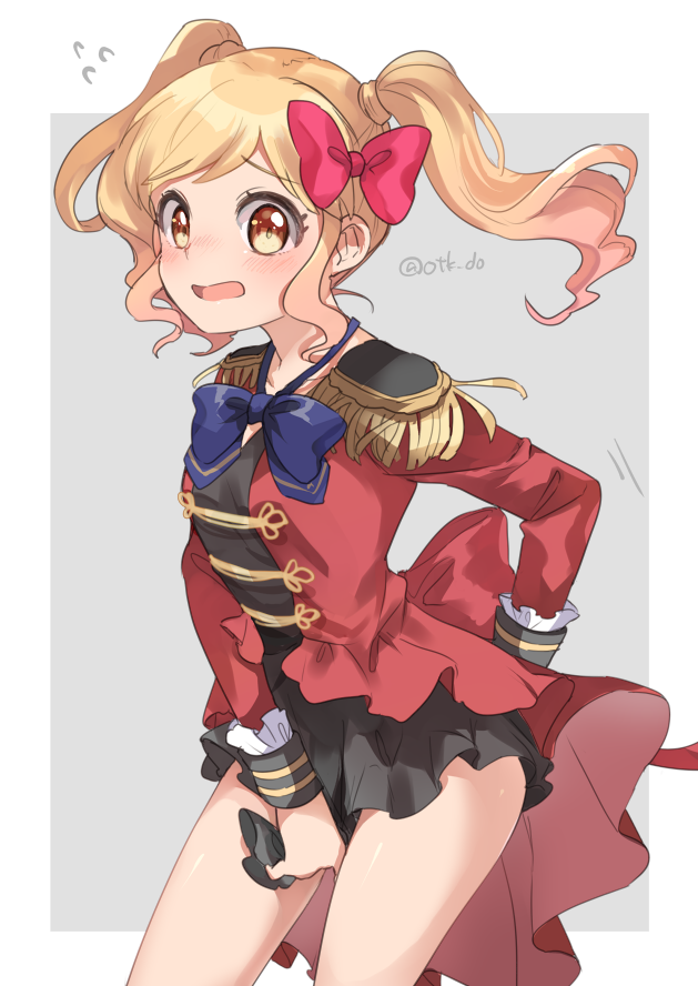 1girl, aikatsu!_(series), aikatsu_stars!, black_dress, blonde_hair, blue_bow, blue_bowtie, blush