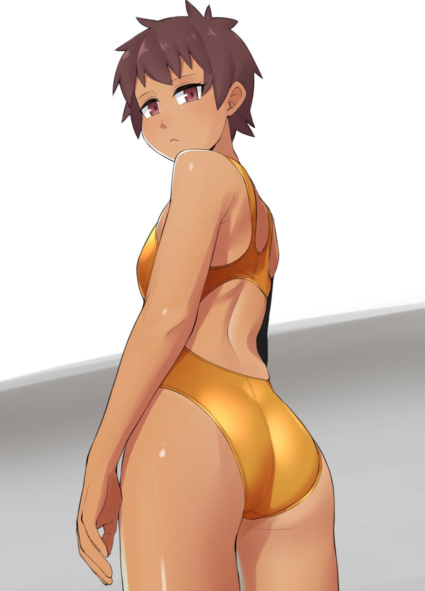 1girl, :<, ass, backless_swimsuit, brown_eyes, brown_hair, closed_mouth, competition_swimsuit