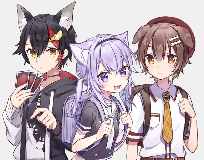 1girl, 2boys, 90kyuuri, :o, alternate_hairstyle, backpack, bag, black_hair