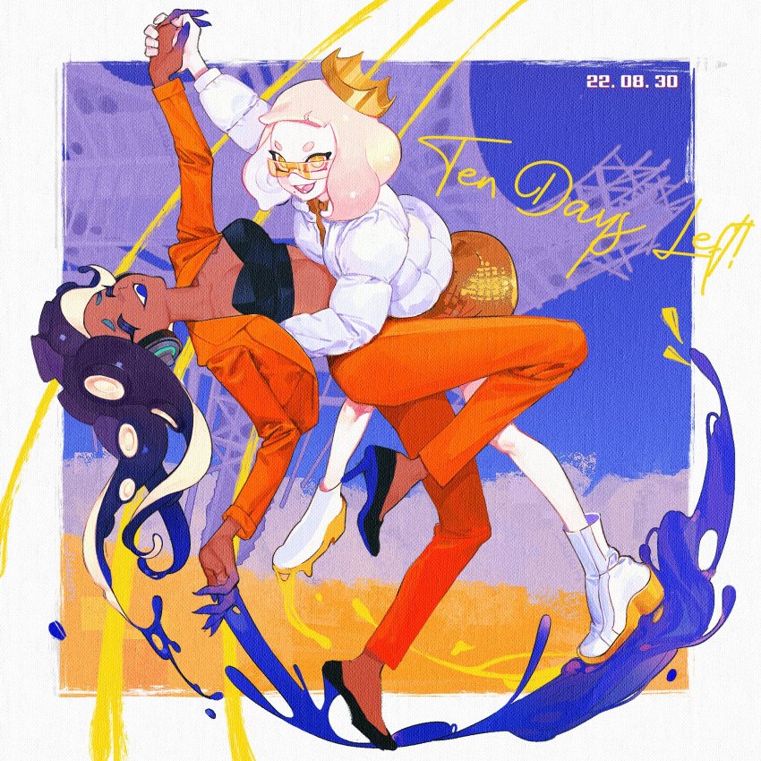 +_+, 2girls, :d, black_footwear, black_gloves, blonde_hair, blue_hair, boots, breasts, cleavage, coat, cross-shaped_pupils, crown, dancing, dark-skinned_female, dark_skin, dated, dress, earrings, fingerless_gloves, formal_clothes, full_body, furrowed_brow, gloves, gradient_background, gradient_hair, headphones, high_heels, highres, holding_hands, ink, inkling, jacket, jewelry, leaning_back, leejijijii, legs_apart, long_sleeves, marina_(damp_socks_feat._off_the_hook)_(splatoon), marina_(splatoon), medium_hair, mole, mole_under_mouth, multicolored_hair, multiple_girls, nintendo, octoling, open_clothes, open_coat, open_jacket, open_mouth, orange_dress, orange_jacket, orange_pants, pant_suit, pants, pearl_(damp_socks_feat._off_the_hook)_(splatoon), pearl_(splatoon), pearl_earrings, pink_hair, pink_pupils, shoes, smile, splatoon_(series), splatoon_3, splatoon_3:_side_order, suit, symbol-shaped_pupils, teeth, tentacle_hair, two-tone_hair, visor, white_coat, white_footwear, yellow_eyes