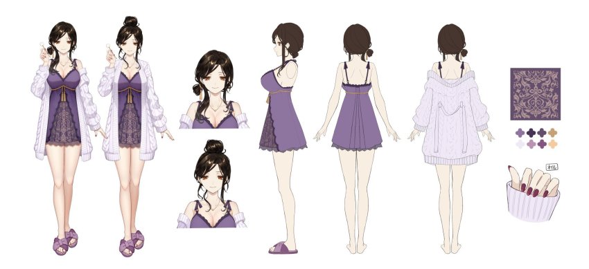 1girl, babydoll, black_hair, breasts, camisole, reference_sheet, cleavage, frills