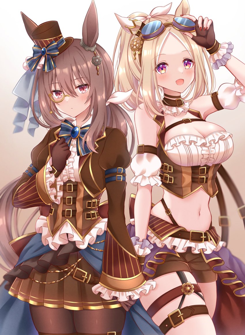 2girls, absurdres, admire_vega_(umamusume), alternate_costume, animal_ears, blonde_hair, breasts, cleavage