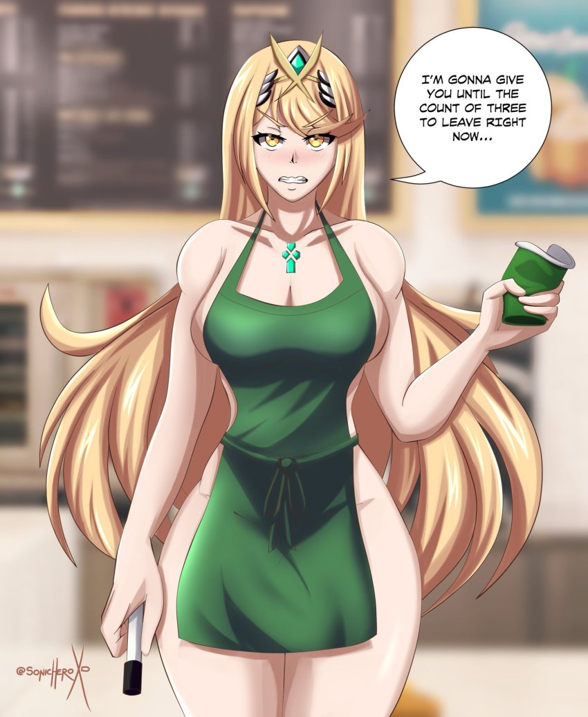 1girl, angry, apron, blonde_hair, blush, breasts, cafe, commentary, cowboy_shot, cup, disposable_coffee_cup, disposable_cup, english_commentary, english_text, headgear, highres, iced_latte_with_breast_milk_(meme), large_breasts, long_hair, looking_at_viewer, marker, meme, menu_board, mythra_(xenoblade), naked_apron, nude, signature, solo, sonicheroxd, speech_bubble, starbucks, very_long_hair, wide_hips, xenoblade_chronicles_(series), xenoblade_chronicles_2, yellow_eyes