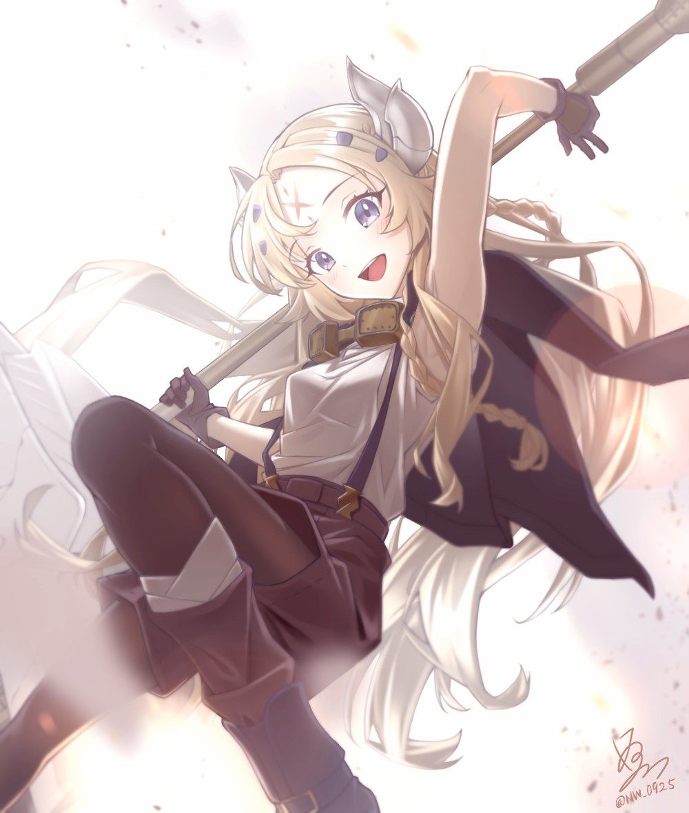 1girl, arm_up, armpits, blonde_hair, blue_eyes, boots, braid, coat