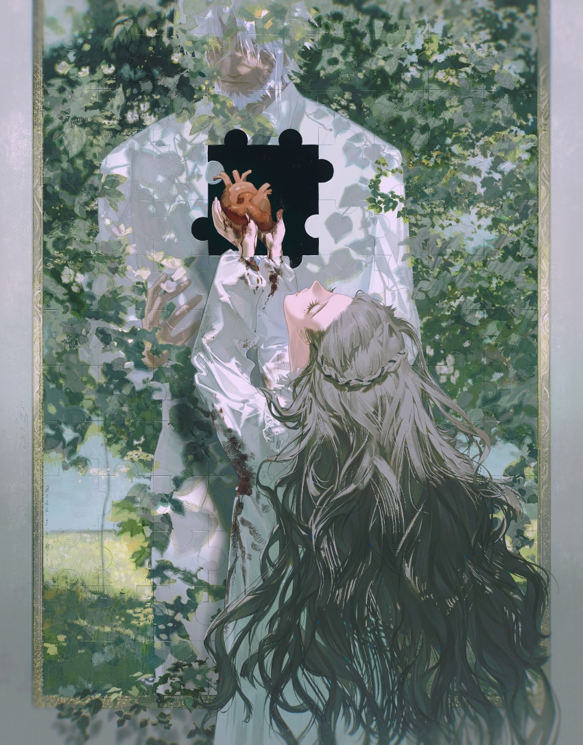 1boy, 1girl, absurdres, arms_up, blood, blood_on_clothes, blood_on_hands, braid