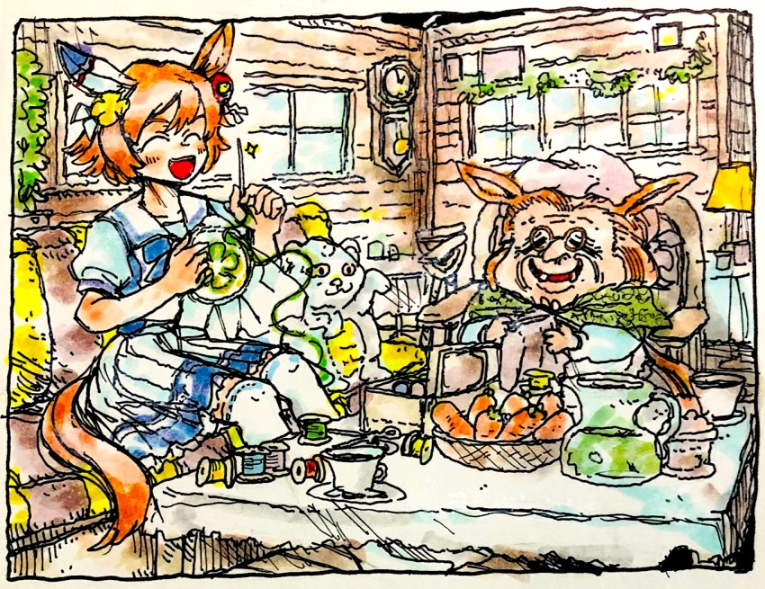 2girls, animal_ears, cup, daruma_doll, ear_covers, glasses, green_shawl, hat, horse_ears, horse_girl, horse_tail, maneki-neko, matikanefukukitaru_(umamusume), mob_cap, morisshii_(morishiey), multiple_girls, old, old_woman, orange_hair, personification, pince-nez, shawl, shide, shiraoki_(racehorse), short_hair, single_ear_cover, tail, teacup, thighhighs, traditional_media, umamusume, white_thighhighs