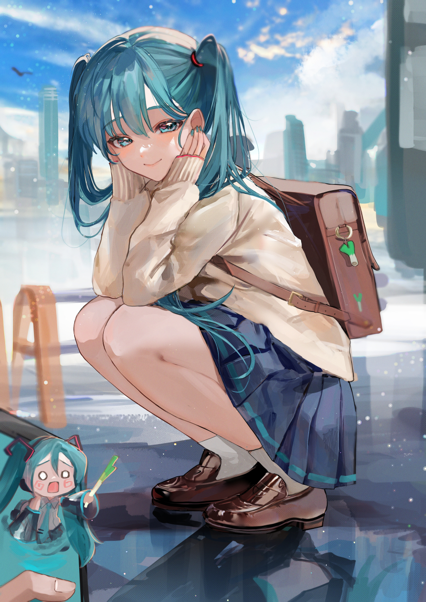 1girl, absurdres, aqua_eyes, aqua_hair, bag, brown_bag, hatsune_miku, highres
