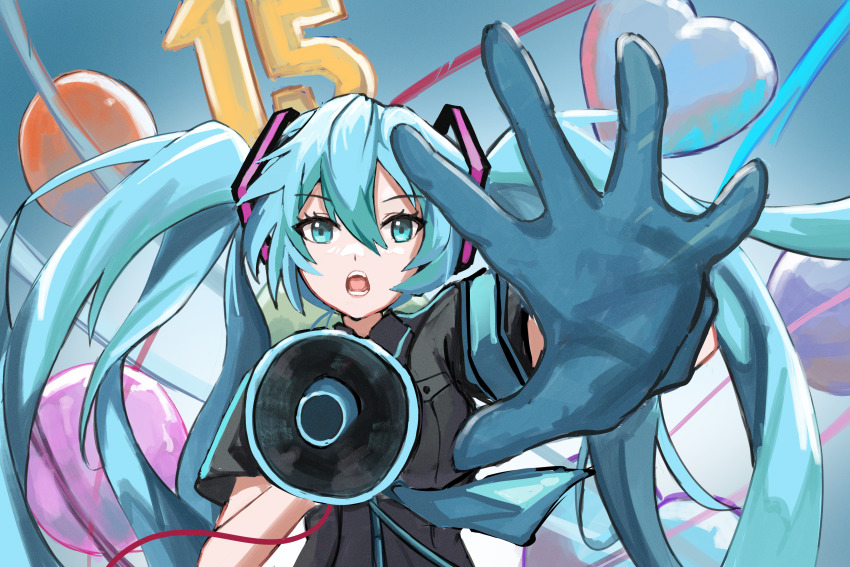 1girl, absurdres, aqua_eyes, aqua_hair, foreshortening, hatsune_miku, highres, koi_wa_sensou_(vocaloid)