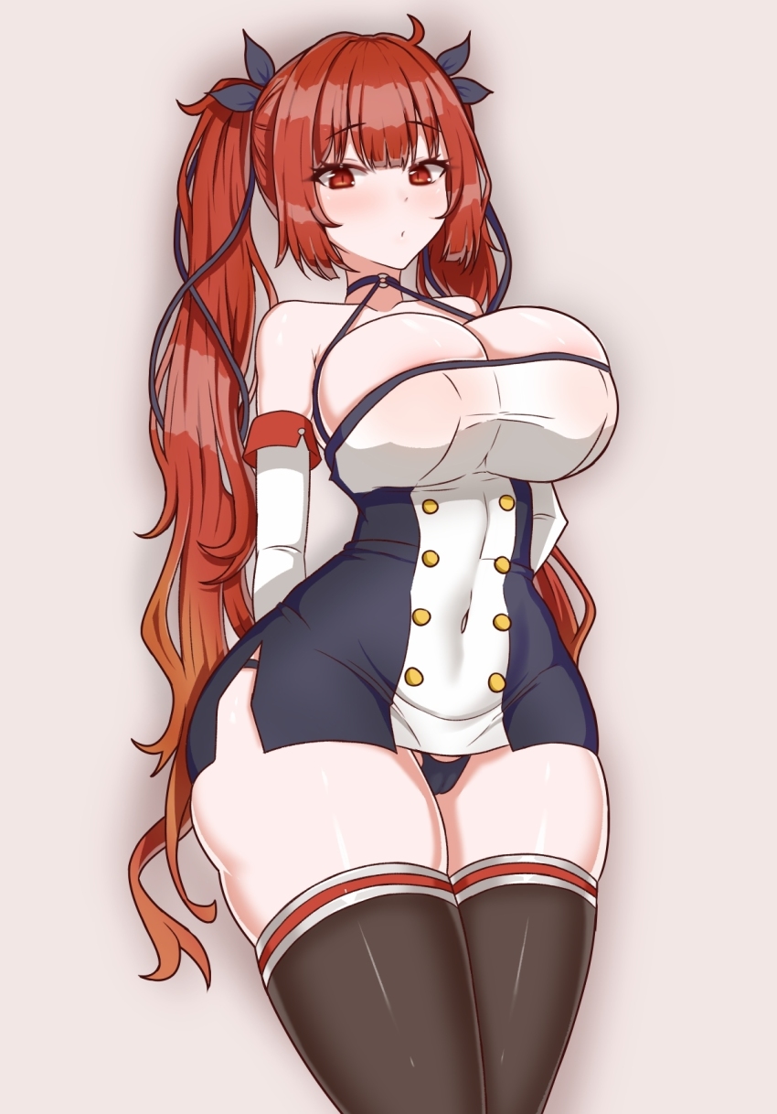 1girl, :o, arms_behind_back, azur_lane, bare_shoulders, between_breasts, black_panties, black_thighhighs, breasts, bursting_breasts, choker, detached_sleeves, dress, highres, honolulu_(azur_lane), huge_breasts, looking_at_viewer, panties, plump, red_eyes, red_hair, revealing_clothes, short_dress, solo, soranotsuno, thick_thighs, thighhighs, thighs, thong, underwear