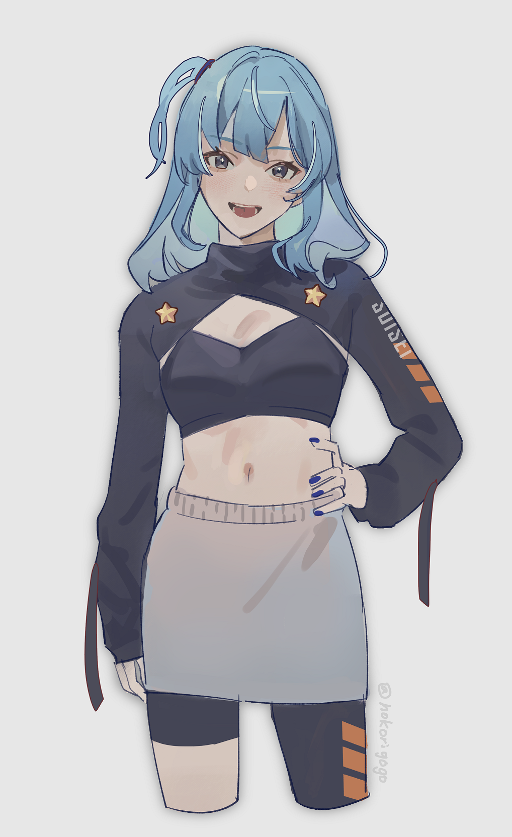 1girl, :d, artist_name, asymmetrical_bangs, black_bra, black_shirt, blue_eyes, blue_hair, blue_nails, bra, character_name, clothes_writing, clothing_request, collared_shirt, cropped_legs, grey_background, grey_skirt, hand_on_own_hip, highres, hokorigogo, hololive, hoshimachi_suisei, long_hair, looking_at_viewer, lower_teeth_only, nail_polish, navel, one_side_up, open_mouth, shirt, simple_background, skirt, smile, solo, standing, star_ornament, teeth, underwear, upper_teeth_only, virtual_youtuber