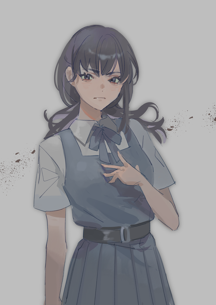 1girl, :|, belt, black_belt, black_eyes, black_hair, blue_bow, blue_bowtie, blue_dress, blue_skirt, bow, bowtie, breasts, chainsaw_man, closed_mouth, collared_shirt, dot_nose, dress, grey_background, hand_on_own_chest, highres, hokorigogo, long_hair, looking_at_viewer, medium_breasts, mitaka_asa, pinafore_dress, pleated_skirt, shirt, short_sleeves, single_sidelock, skirt, sleeveless_dress, solo, standing, white_shirt