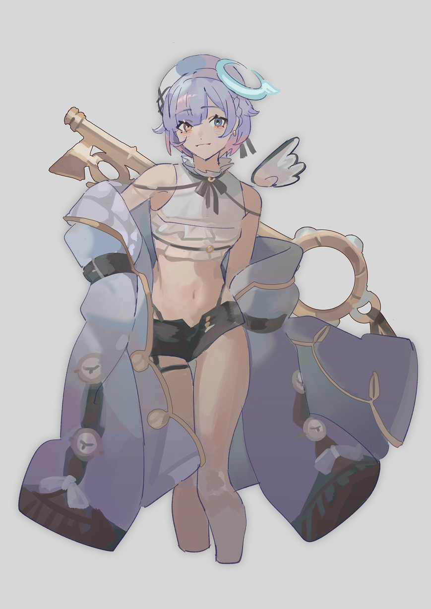 1girl, :|, amemiya_nazuna, amemiya_nazuna_(1st_costume), armpit_crease, asymmetrical_bangs, beret, black_ribbon