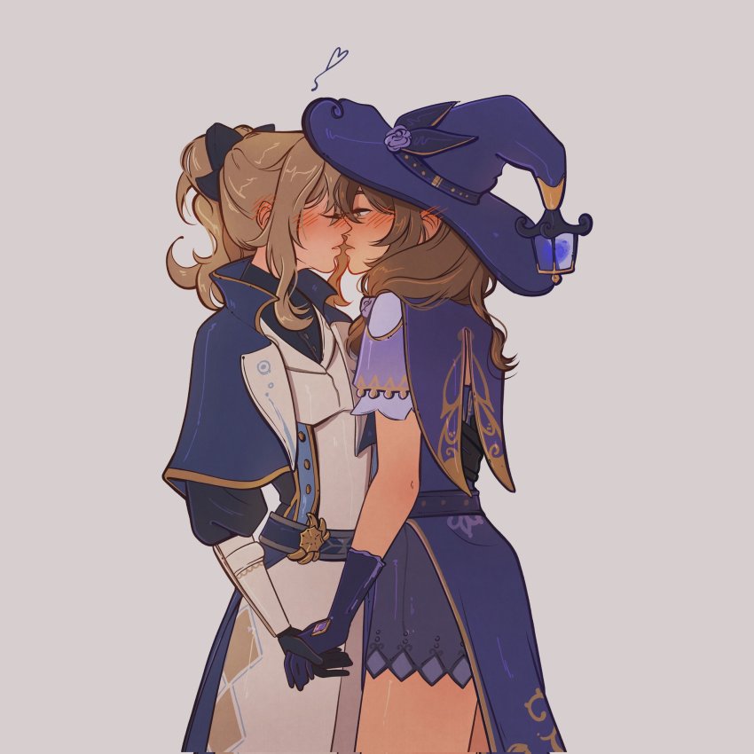 2girls, black_bow, black_gloves, blush, bow, brown_hair, closed_eyes, ear_blush, genshin_impact, gloves, hair_bow, hat, highres, imminent_kiss, jean_(genshin_impact), lisa_(genshin_impact), multiple_girls, parted_lips, pony_(animal), ponytail, purple_headwear, rokotmorya, rokotprints, sidelocks, witch_hat, yuri