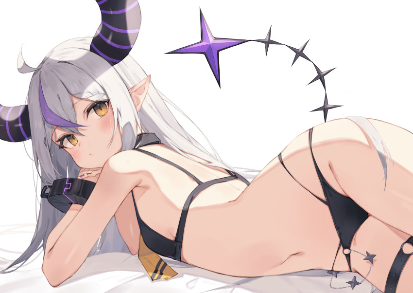 1girl, absurdres, ahoge, bikini, blush, breasts, demon_horns, grey_hair