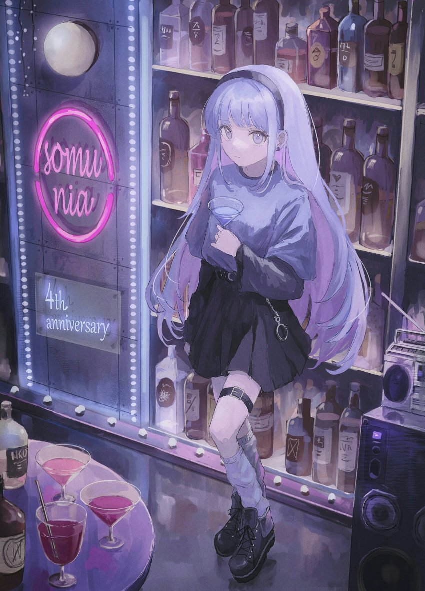 alcohol, belt, black_boots, black_hairband, black_skirt, blue_shirt, blunt_bangs, boombox