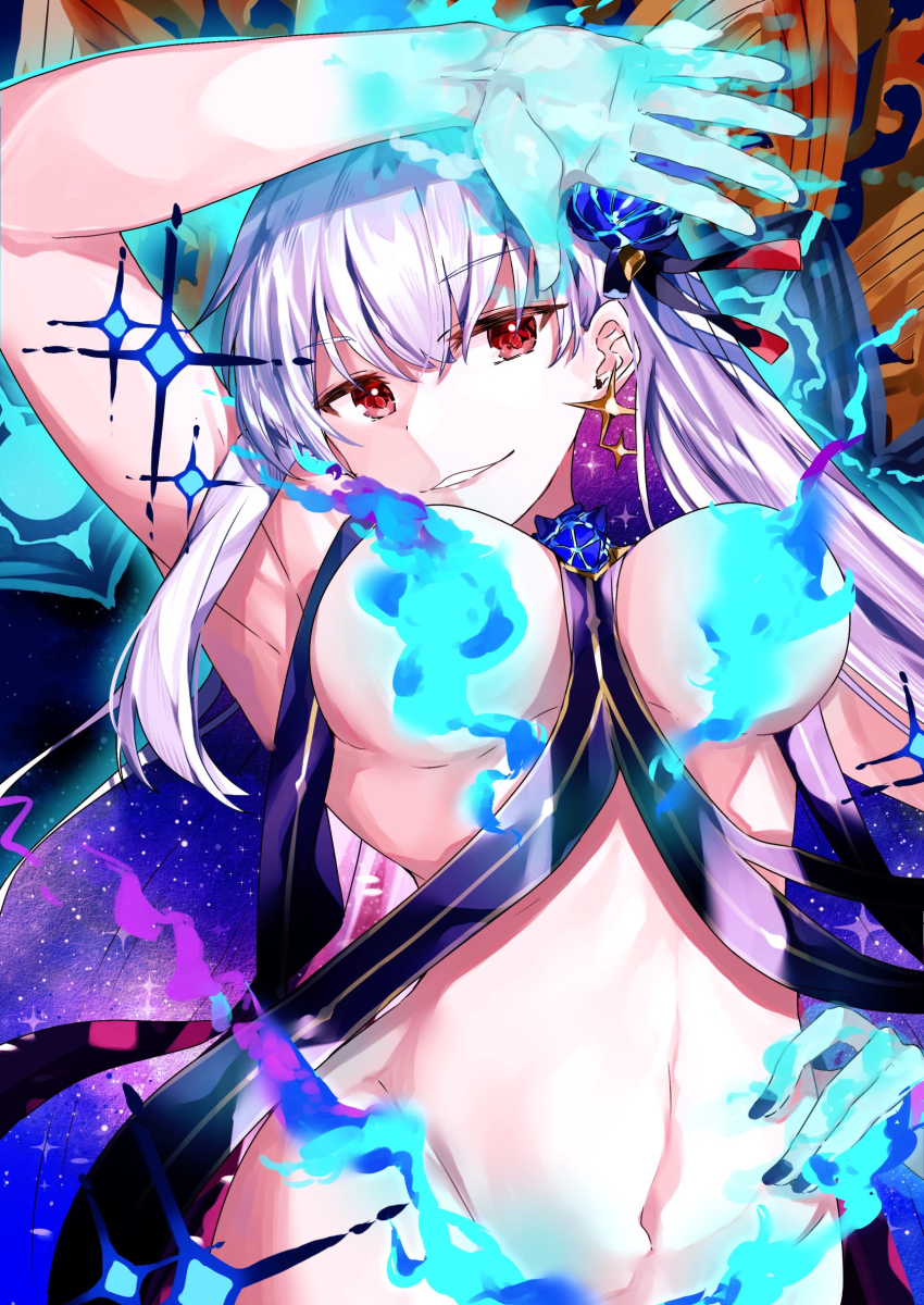 1girl, absurdres, arm_up, armpits, bare_shoulders, blue_fire, blue_hair, blush