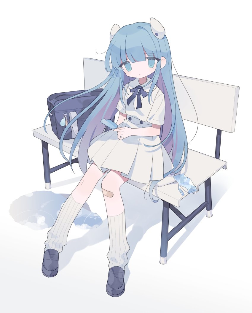 1girl, absurdres, bag, bandaid, bandaid_on_knee, bandaid_on_leg, bench, black_ribbon