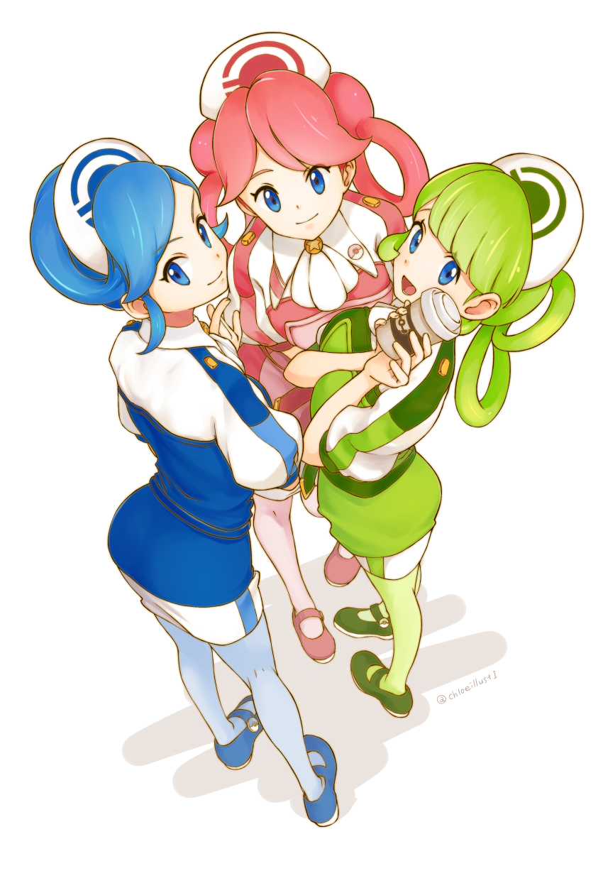 3girls, absurdres, ass, blue_dress, blue_eyes, blue_footwear, blue_hair, blue_pantyhose, closed_mouth, cup, disposable_cup, dress, from_above, from_behind, full_body, green_dress, green_footwear, green_hair, green_pantyhose, hat, highres, kuroe_(crocrocroe), looking_at_viewer, looking_back, matching_hair/eyes, multiple_girls, nintendo, nurse_cap, open_mouth, pantyhose, pink_dress, pink_footwear, pink_hair, pink_pantyhose, pokemon, pokemon_masters_ex, short_hair, short_sleeves, siblings, simple_background, sisters, smile, tricia_(pokemon), trinnia_(pokemon), trista_(pokemon), white_background