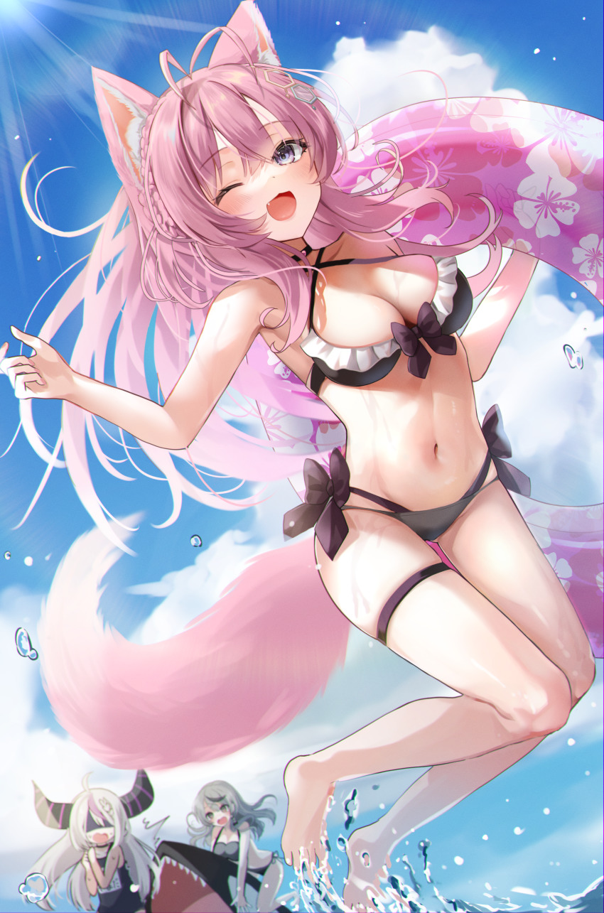 3girls, ;d, absurdres, animal_ear_fluff, animal_ears, bare_arms, bare_shoulders, bikini