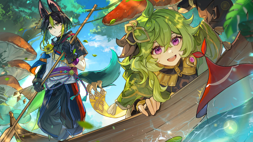 1boy, 1girl, :d, ahoge, animal_ear_fluff, animal_ears, aranara_(genshin_impact), arm_up, asymmetrical_sleeves, black_gloves, black_hair, black_pants, black_shirt, blue_sky, blunt_ends, boat, bright_pupils, brown_dress, cape, capelet, capri_pants, chinese_commentary, cloud, collei_(genshin_impact), commentary_request, day, drawstring, dress, earrings, etiv, eyelashes, flower, forest, fox_boy, fox_ears, fox_tail, genshin_impact, gloves, green_capelet, green_eyes, green_hair, hair_between_eyes, hair_ornament, highres, holding, holding_oar, hood, hood_down, hoodie, jewelry, leaning_forward, long_hair, long_sleeves, looking_at_viewer, medal, multicolored_clothes, multicolored_hair, mushroom, nature, oar, open_mouth, outdoors, pants, parted_lips, plant, purple_eyes, rope, rowboat, shirt, short_hair, short_sleeves, sidelocks, single_earring, sky, smile, standing, tail, tassel, teeth, tighnari_(genshin_impact), tree, turtleneck, two-tone_hair, upper_teeth_only, vines, vision_(genshin_impact), water, watercraft, white_pupils, wrist_cuffs, yellow_cape, yellow_flower
