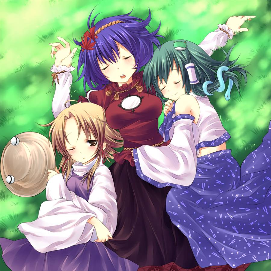 3girls, bad_id, bad_pixiv_id, blonde_hair, blush, breasts, closed_eyes, detached_sleeves