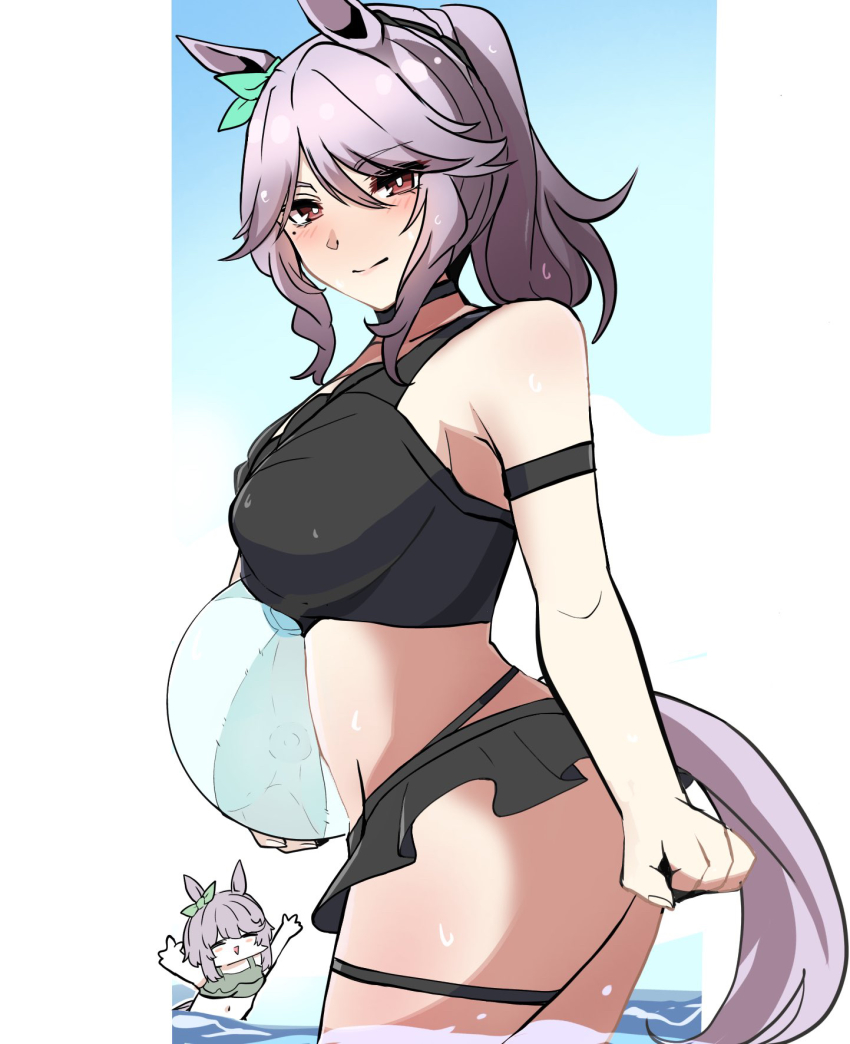 2girls, animal_ears, armband, arms_up, bikini, bikini_skirt, black_bikini, bow, chibi, closed_eyes, commentary, genderswap, genderswap_(mtf), green_bikini, green_bow, high_ponytail, highres, horse_ears, horse_girl, horse_tail, kawamochi_(kawauti919), looking_at_viewer, mejiro_family_matriarch, mejiro_titan_(racehorse), midriff, mole, mole_under_eye, mother_and_child, mother_and_daughter, multiple_girls, navel, ocean, original, outside_border, parent_and_child, personification, ponytail, purple_hair, red_eyes, sidelocks, sky, swimsuit, tail, thigh_strap, umamusume