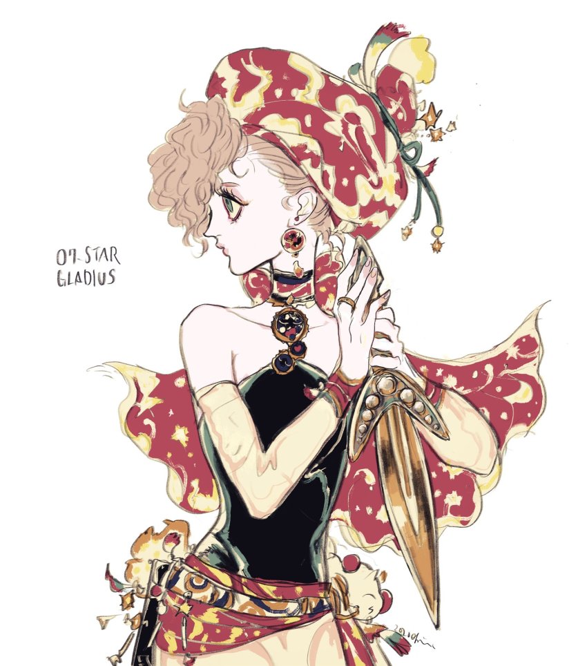 beret, black_shirt, blonde_hair, cape, choker, dagger, final_fantasy, final_fantasy_vi