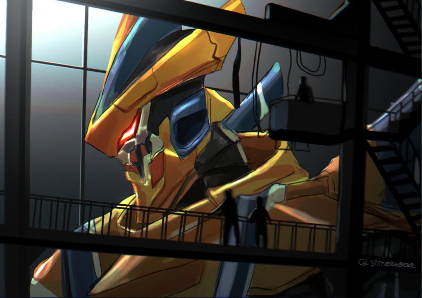 3others, absurdres, apex_legends, cable, from_side, glowing, glowing_eyes, hangar