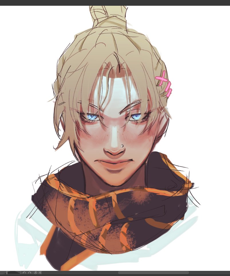 1girl, angry, animification, apex_legends, black_scarf, blonde_hair, blue_eyes, face_piercing