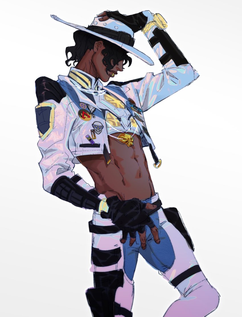 1boy, abs, aces_high_seer, apex_legends, black_gloves, commentary, cropped_jacket, dark-skinned_male