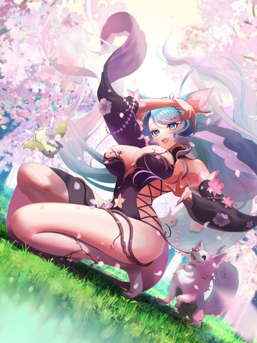 1girl, absurdres, animal_ears, barefoot, black_kimono, black_sleeves, blue_eyes, blue_hair, breasts, cherry_blossom_print, cherry_blossoms, cleavage, clothing_cutout, commentary, detached_sleeves, english_commentary, fangs, floral_print, grass, highres, hip_vent, japanese_clothes, kimono, large_breasts, long_hair, looking_at_viewer, multicolored_hair, navel, navel_cutout, open_mouth, pink_hair, silvervale, silvervale_(sakura_goddess), streaked_hair, very_long_hair, virtual_youtuber, vshojo, wolf, wolf_ears, wolf_girl, yu_arima