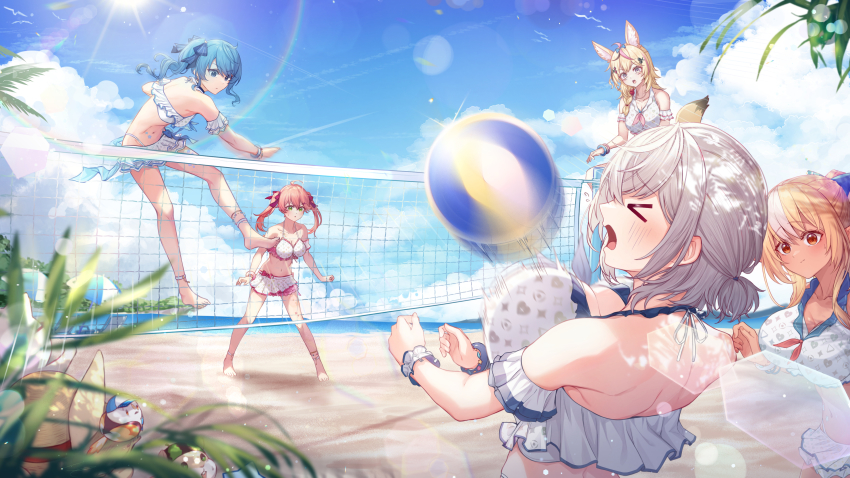>_<, 35p_(sakura_miko), 5girls, absurdres, ahoge, animal_ears, beach, beach_volleyball