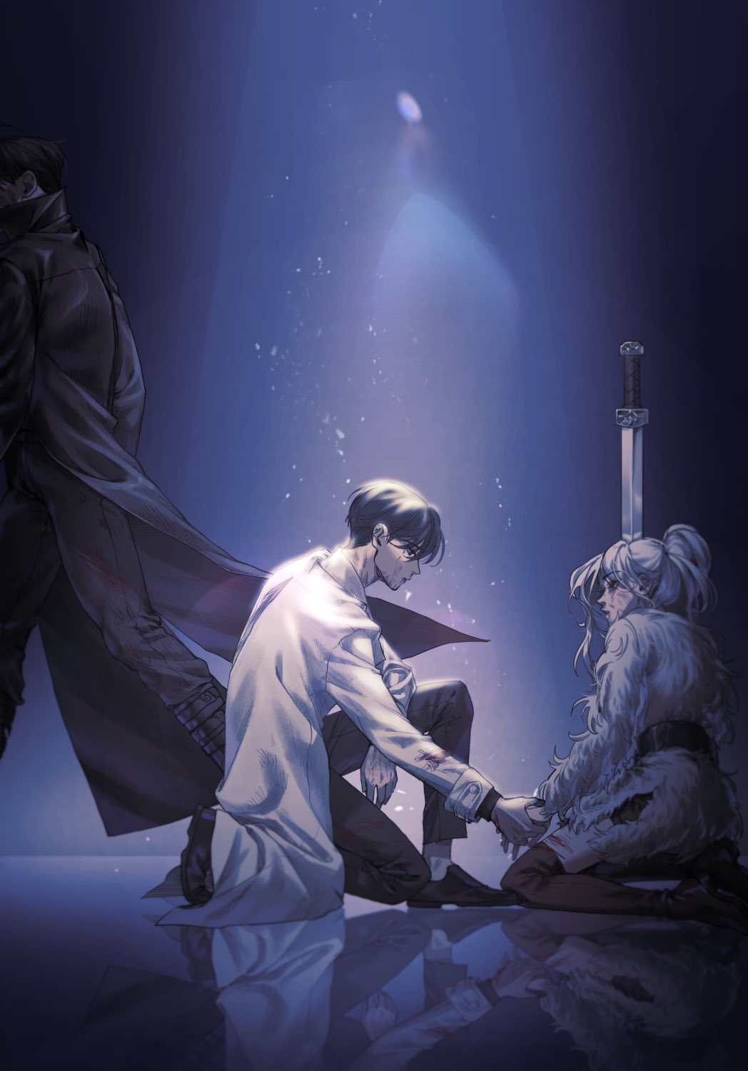 1girl, 2boys, black_hair, black_jacket, blonde_hair, blood, blood_on_clothes, blood_on_face