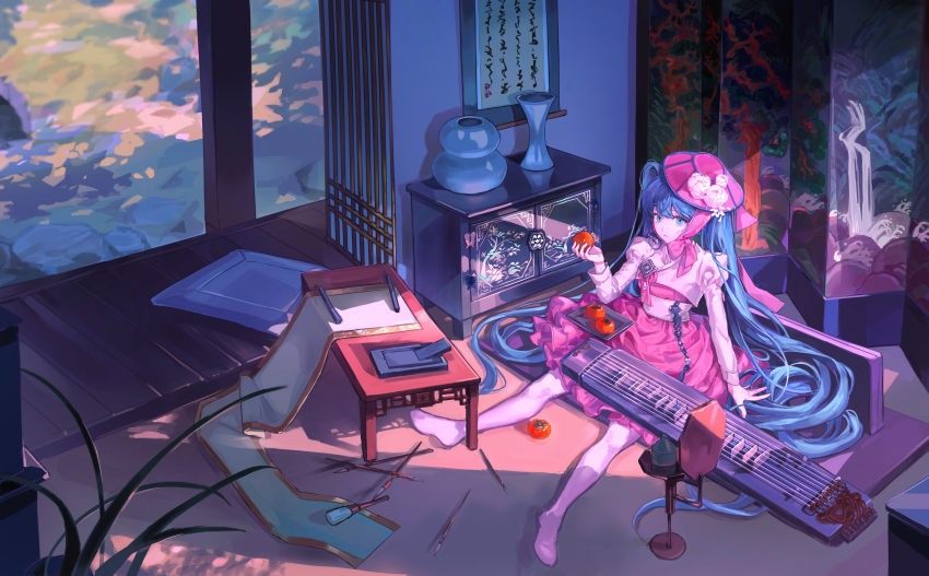 1girl, absurdres, blue_eyes, blue_hair, cabinet, calligraphy_brush, chinstrap, couch