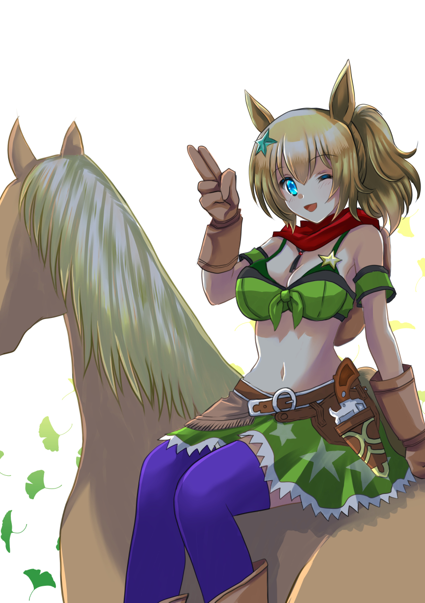 1girl, ;d, animal_ears, armband, bandana, bandeau, bare_shoulders, belt