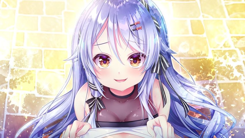 1girl, :d, bare_arms, bow, breast_press, breasts, brown_eyes, cleavage