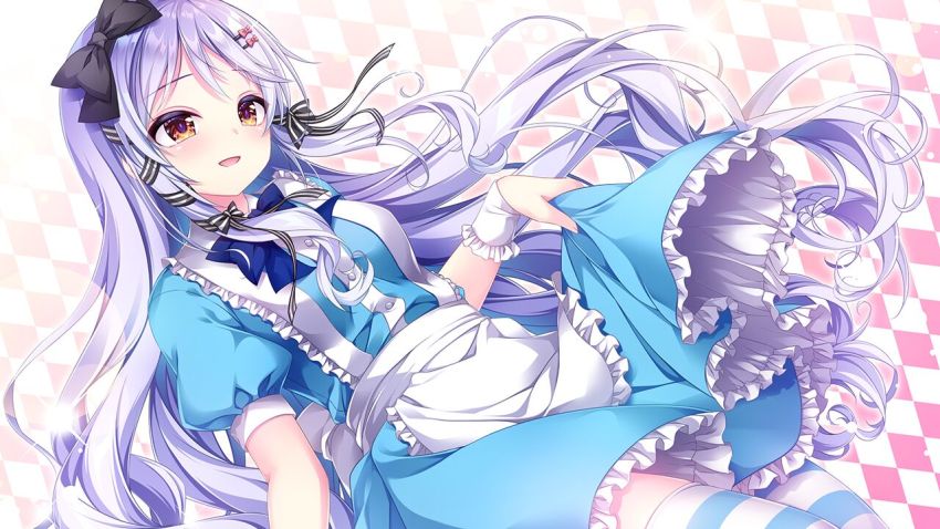 1girl, apron, argyle_background, argyle_clothes, black_bow, blue_shirt, blue_skirt, bow