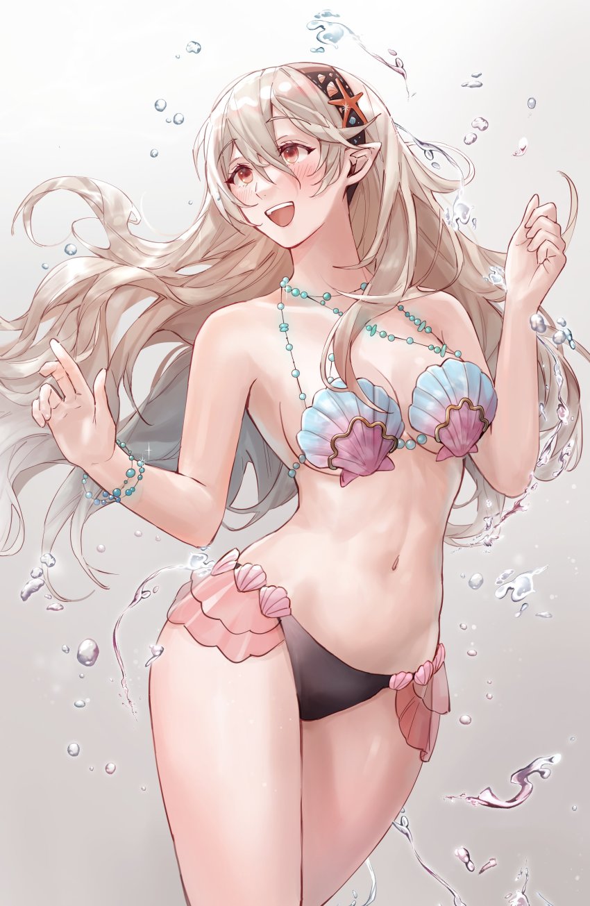 1girl, absurdres, alternate_costume, bikini, black_hairband, blush, breasts, cleavage, commentary, female_corrin_(cipher_shell_bikini)_(fire_emblem), female_corrin_(fire_emblem), fire_emblem, fire_emblem_cipher, fire_emblem_fates, floating_hair, grey_hair, hair_between_eyes, hair_ornament, hairband, highres, long_hair, looking_away, medium_breasts, navel, nintendo, official_alternate_costume, open_mouth, pointy_ears, red_eyes, shell, shell_bikini, smile, sobasakuhin, starfish, starfish_hair_ornament, stomach, swimsuit, teeth, upper_teeth_only