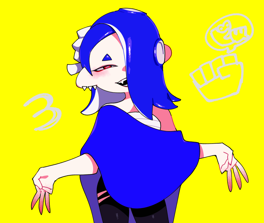 1girl, :d, absurdres, black_pants, blue_hair, cephalopod_eyes, chest_sarashi, colored_skin